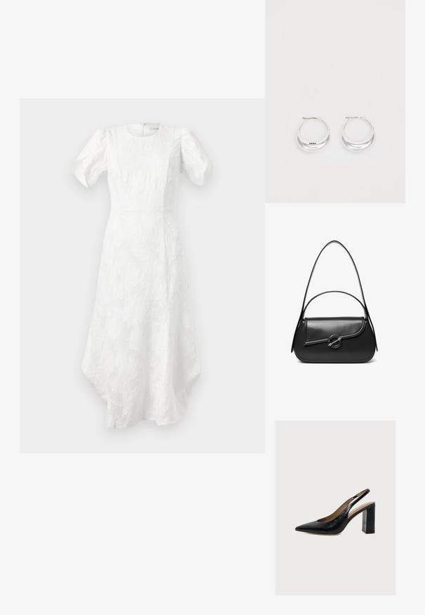 Vestido midi blanco con mangas cortas abullonadas, cuello redondo, patrón floral texturizado, cintura ajustada y dobladillo asimétrico.; Zapato de mujer slingback de piel negra con puntera puntiaguda y tacón alto de bloque sobre un fondo claro.; Bolso de hombro de cuero negro con una solapa curva asegurada por un broche metálico redondo y una correa delgada y ajustable.; Pendientes de aro de plata con un acabado pulido y la marca DKNY, exhibidos sobre un fondo blanco liso.