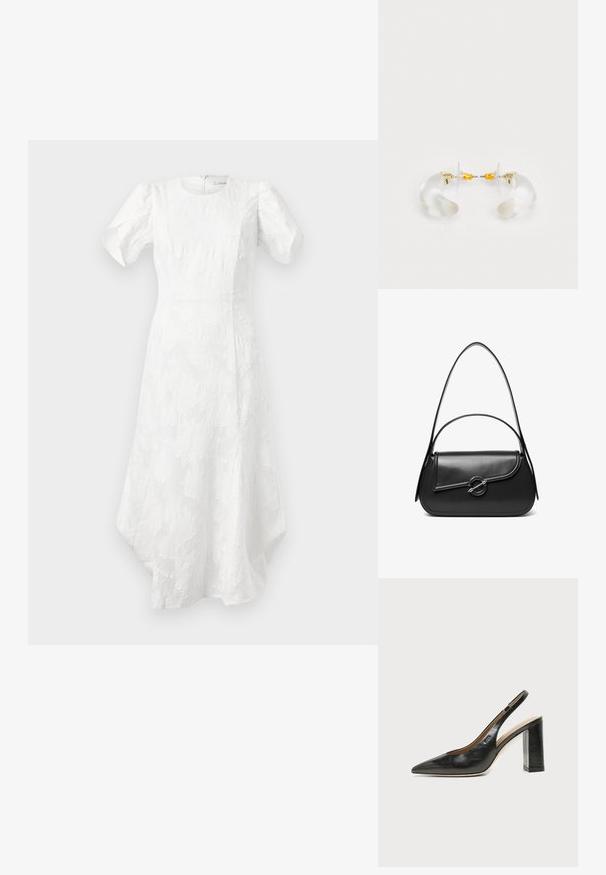Witte midi-jurk met opgeblazen korte mouwen, ronde halslijn, gestructureerd bloemenpatroon, aansluitende taille en asymmetrische zoom.; Zwarte leren slingback schoen met spits toelopend neusje, hoge blokhak en beige binnenvoering tegen een effen lichte achtergrond.; Zwarte leren schoudertas met een gebogen klep die is bevestigd met een ronde metalen sluiting en een smalle, verstelbare band.; Heldere acryl oorringen met gouden accenten, met een gebogen ontwerp en transparante sluiting. Gladde textuur, minimalistische stijl.