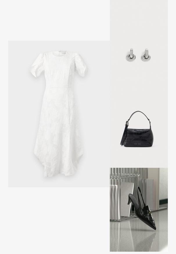 Witte midi-jurk met opgeblazen korte mouwen, ronde halslijn, gestructureerd bloemenpatroon, aansluitende taille en asymmetrische zoom.; Zwarte leren slingback hak met puntige neus, franjes en gouden knoopdetail, op een reflecterende vloer vlakbij metalen ordnerhouders.; Zwarte schoudertas van krokodillenleer met reliëf, voorzien van een handvat aan de bovenkant en een logo op de voorkant.; Een paar kleine, glanzende zilveren creolen met een ronde basis, afgebeeld op een effen lichte achtergrond.