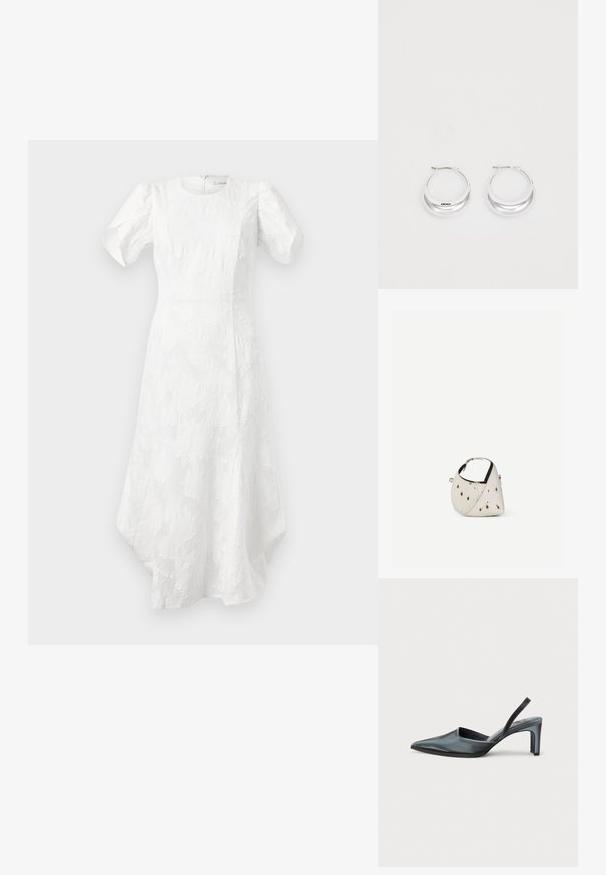 Hvid midi-kjole med puffede korte ærmer, rund halsudskæring, struktureret blomsterdesign, tætsiddende talje og asymmetrisk kant.; Sort slingback-hæl med spids tå, slank satinfinish og en slank hæl på 3 tommer. Åben sidedesign med minimal syningsdetalje.; Lille hvid håndtaske med brune pletter, afrundet trekantet form, sort indvendig foring og kort justerbar rem med sølvspænde.; Sølv hoops øreringe med en poleret overflade og DKNY branding, præsenteret mod en simpel hvid baggrund.