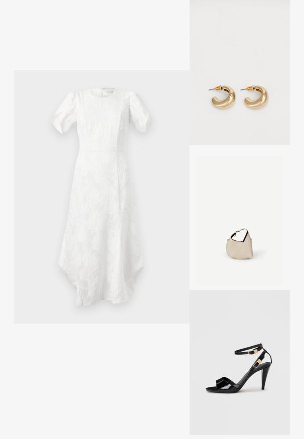 Robe midi blanche avec des manches courtes bouffantes, décolleté rond, motif floral texturé, taille cintrée et ourlet asymétrique.; Sandale à talon haut en cuir verni noir avec double bride de cheville et boucles dorées, bout ouvert, et talon effilé sur fond neutre.; Sac à main en cuir beige en forme de croissant avec une seule bandoulière et des coutures minimalistes, posé sur un fond blanc uni.; Deux boucles d'oreilles en forme de cerceau en or brillant, avec un design courbé, présentant des accents orange près de la tige, sur fond blanc uni.