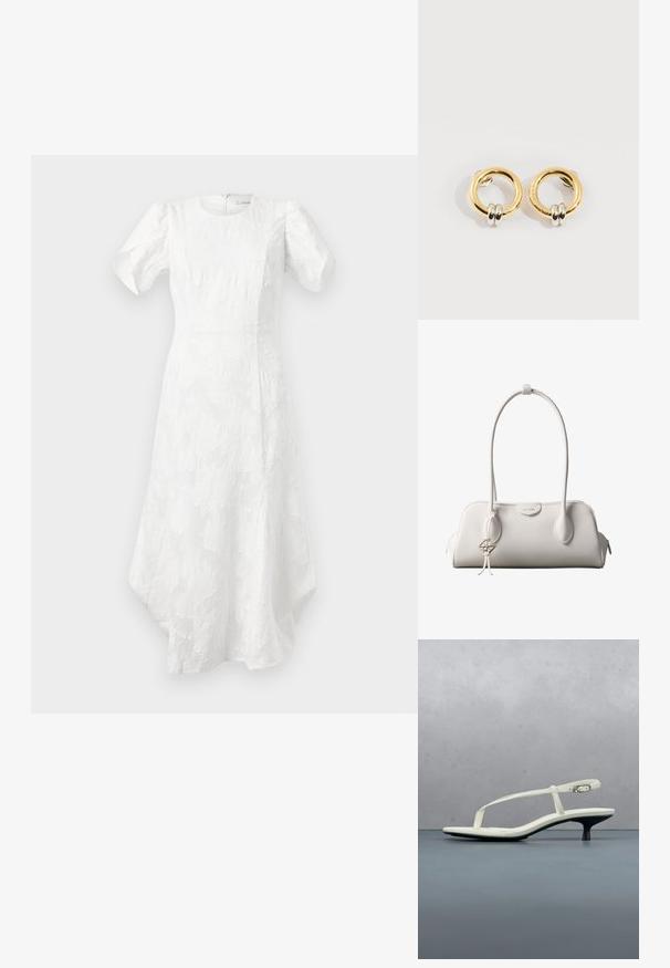 Hvid midi-kjole med puffede korte ærmer, rund halsudskæring, struktureret blomsterdesign, tætsiddende talje og asymmetrisk kant.; Hvid sandal med stropper og kitten-hæl med spids tå, svævende over et trægulv udendørs med en sløret plante og væg i baggrunden.; Hvid Calvin Klein skuldertaske med lange håndtag, rektangulær form, lynlåslukning og dekorativt logohæng tæt på håndtaget.; Guld cirkulære øreringe med to små sølv-ringe på hver, der viser subtile indgraverede mærkenavne detaljer, sat på en hvid baggrund.