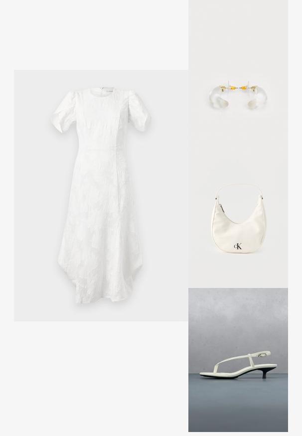 Witte midi-jurk met opgeblazen korte mouwen, ronde halslijn, gestructureerd bloemenpatroon, aansluitende taille en asymmetrische zoom.; Witte sandaal met smalle bandjes en kitten heel, met een spitse neus, zwevend boven een houten tegelvloer buiten, met op de achtergrond een wazige plant en muur.; Kleine witte handtas in de vorm van een halve maan met een kort hengsel, ritssluiting en zwart "cK" logo aan de voorkant.; Heldere acryl oorringen met gouden accenten, met een gebogen ontwerp en transparante sluiting. Gladde textuur, minimalistische stijl.