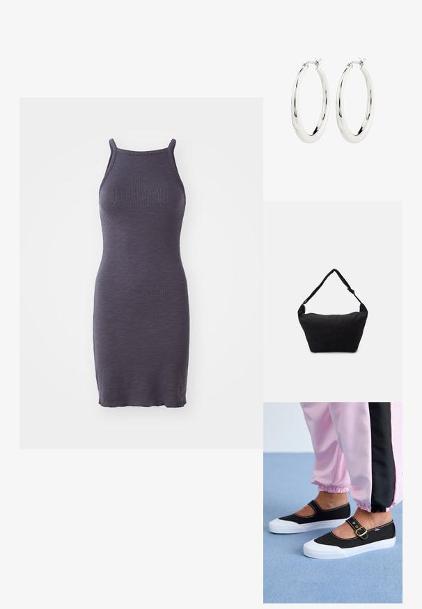 Vestido bodycon acanalado en púrpura oscuro, con tirantes finos y una silueta ajustada, confeccionado en un tejido de punto elástico.; Zapatillas de lona negras con suela blanca, con un diseño recortado y una correa con hebilla dorada. Combinadas con pantalones de chándal rosas.; Bolso de hombro de tela negro con una superficie suave y texturizada, forma redondeada y una sola correa. Diseño minimalista sin hardware ni acentos visibles.; Pendientes de aro de plata con un acabado suave y brillante. Forma circular, con un cierre seguro. Diseño sencillo y elegante.