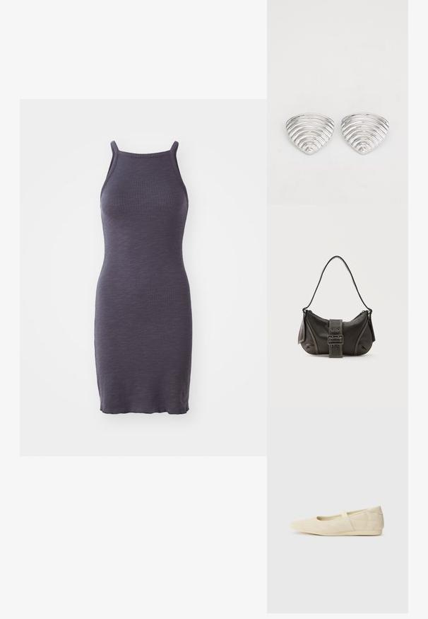Vestido bodycon acanalado en púrpura oscuro, con tirantes finos y una silueta ajustada, confeccionado en un tejido de punto elástico.; Bailarinas beige con un exterior de cuero liso, punta en forma de almendra y una correa elástica en el empeine, con detalles de costura sutiles.; Bolso de hombro de cuero negro con detalle de correa con hebilla, bordes curvos y costuras blancas en contraste sobre un fondo liso.; Pendientes en tono plateado con un diseño ondulado y texturizado, con forma de media lunas superpuestas; el acabado pulido realza las cualidades reflectantes.