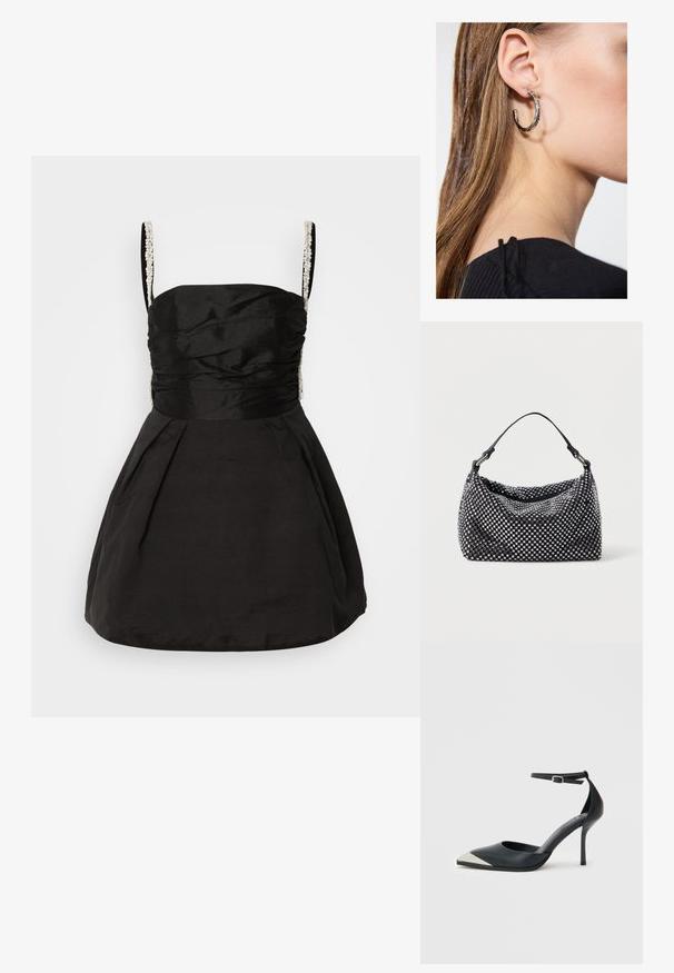 Robe noire avec un corsage ajusté et une jupe évasée. Présente des détails froncés et des bretelles perlées pour plus de texture et de détails.; Chaussure à talon haut noire à bout pointu avec embout métallique argenté et bride à la cheville avec fermeture à boucle sur fond blanc.; Sac noir et argent avec une surface tissée et texturée présentant des motifs carrés, une seule poignée supérieure et un design décontracté.; Boucle d'oreille en argent avec une finition polie, présentant de petits détails en or et de forme ronde, portée sur le lobe.