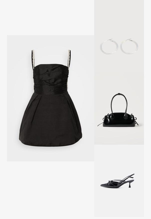 Zwarte jurk met een aansluitend bovenlijfje en een wijd uitlopende rok. Kenmerkt zich door gerimpelde details en met kralen bezette schouderbanden voor extra textuur en detail.; Zwarte slingback pump van lakleer met een spits toelopende neus, lage kittenhak en decoratieve knoopstrik aan de voorkant.; Kleine zwarte glanzende handtas met twee lange hengsels en zijkant trekkoord details op een effen lichte achtergrond.; Een paar glanzende zilveren oorringen met dunne draadafsluitingen, getoond op een lichtgrijze achtergrond.