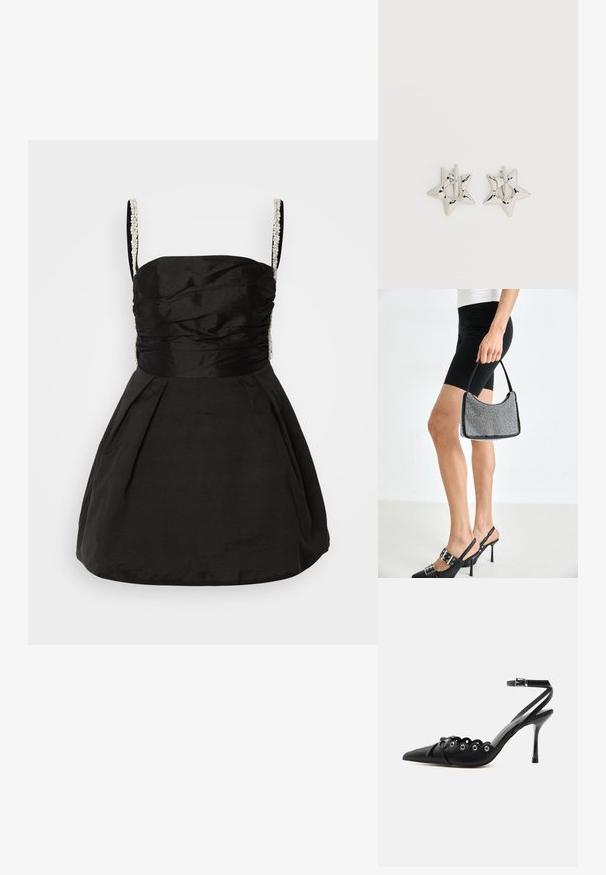 Robe noire avec un corsage ajusté et une jupe évasée. Présente des détails froncés et des bretelles perlées pour plus de texture et de détails.; Chaussure à talon haut noire à bout pointu, bords festonnés, œillets métalliques, lacets à l'avant et bride de cheville avec fermeture à boucle.; Sac à main à perles noires avec une silhouette courbée, une poignée de transport et une texture brillante. Porté avec des chaussures à talons hauts noires et un short noir ajusté.; Boucles d’oreilles créoles en forme d’étoile argentée avec une finition lisse et polie sur un fond blanc uni.