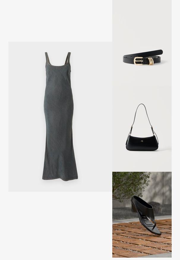 Vestido maxi de mezclilla en azul oscuro con tirantes finos, escote redondeado y costuras en contraste a lo largo de los bordes y las costuras.; Sandalia negra de tacón alto con tira entre los dedos, flotando sobre una superficie exterior de madera y grava con patrón, con vegetación desenfocada y pared al fondo.; Bolso de cuero negro para el hombro con forma curva, correa ajustable y logo dorado "cK" en el centro delantero.; Cinturón de cuero negro con hebilla metálica dorada y tres pasadores de cinturón dorados, enrollado sobre un fondo blanco liso.