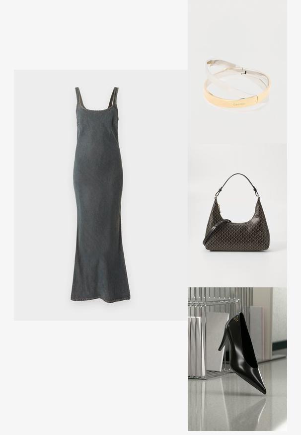 Vestido maxi de mezclilla en azul oscuro con tirantes finos, escote redondeado y costuras en contraste a lo largo de los bordes y las costuras.; Zapato de tacón alto negro con punta afilada y logo dorado, colocado sobre una superficie reflectante cerca de un organizador de archivos de alambre cromado con documentos.; Bolso de hombro de cuero negro con un patrón geométrico beige repetido, cierre dorado y dos correas ajustables sobre un fondo blanco.; Pulseras metálicas pulidas entrelazadas en tonos plateados y dorados, una grabada con el logo "Calvin Klein", sobre un fondo blanco.