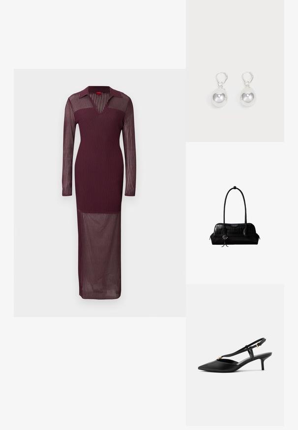 Robe longue bordeaux côtelée avec des manches longues transparentes, une silhouette ajustée et un col en V, présentant un corsage moulant et une jupe transparente.; Escarpin slingback en cuir noir à petit talon kitten, bout pointu, fine bride en T, boucle réglable et petite décoration dorée sur la bride.; Sac à épaule en cuir noir à texture crocodile, avec de longues sangles et un petit charm logo argenté sur une sangle.; Boucles d'oreilles en argent en forme de goutte avec des surfaces lisses, rondes et réfléchissantes, suspendues à des fermoirs à ressort. L'arrière-plan est blanc uni.
