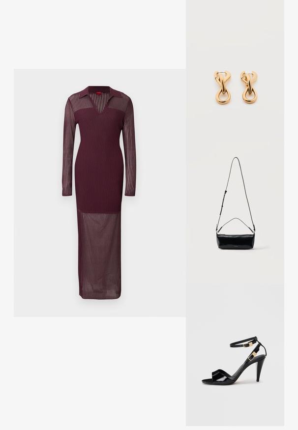 Robe longue bordeaux côtelée avec des manches longues transparentes, une silhouette ajustée et un col en V, présentant un corsage moulant et une jupe transparente.; Sandale à talon haut en cuir verni noir avec double bride de cheville et boucles dorées, bout ouvert, et talon effilé sur fond neutre.; Sac bandoulière rectangulaire en cuir noir avec bandoulière ajustable, fermeture éclair sur le dessus et petit logo Calvin Klein doré sur le devant.; Paire de boucles d'oreilles créoles en bouclettes dorées brillantes sur fond blanc uni, présentant un design torsadé entrelacé.