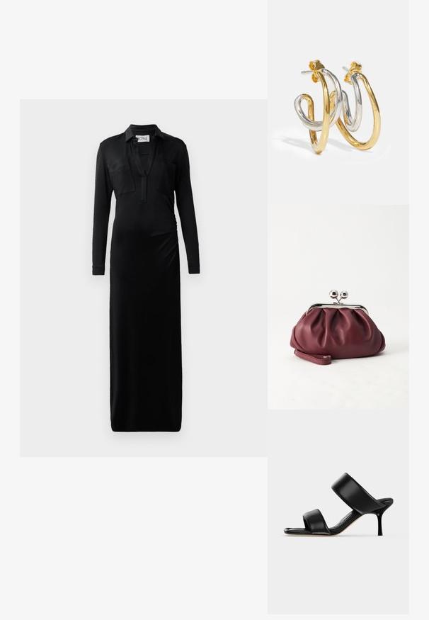 Robe maxi noire à manches longues en tissu lisse, avec un col montant, deux poches poitrine et un détail froncé sur le côté pour plus de forme.; Sandale mule en cuir noir avec deux larges brides et un talon stiletto fin de hauteur moyenne sur un fond clair uni.; Petit sac pochette en cuir bordeaux avec fermoir métallique argenté et bracelet sur fond blanc.; Boucles d'oreilles en créoles entrelacées en or et en argent avec des finitions lisses et brillantes ; elles disposent d'un fermoir à tige pour un port sécurisé.