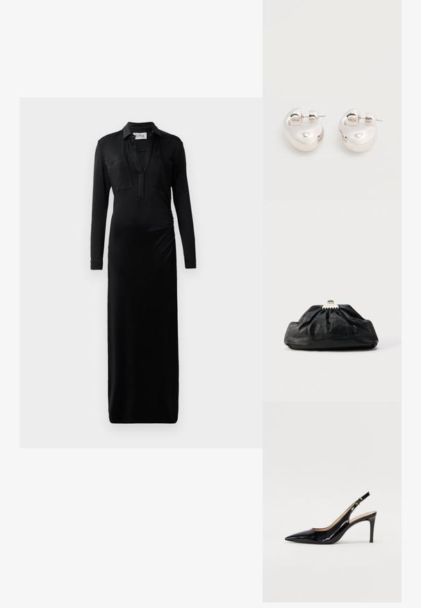 Schwarzes Maxikleid mit langen Ärmeln aus glattem Stoff, das einen Kragen, zwei Brusttaschen und ein gerafftes Seitendetail für zusätzliche Form bietet.; Schwarz lackierte Slingback-Pumps mit spitzem Zehenbereich, schlankem Absatz und einem subtilen Ausschnittdesign. Verfügt über eine goldene Schnalle am Riemen.; Schwarze Leder-Clutch mit geraffter Textur, Metallverschluss und dezentem, auf der Vorderseite geprägtem Logo. Abgerundete Form.; Paar glänzende silberne dicke Creolen mit Stecker-Verschlüssen auf weißem Hintergrund.