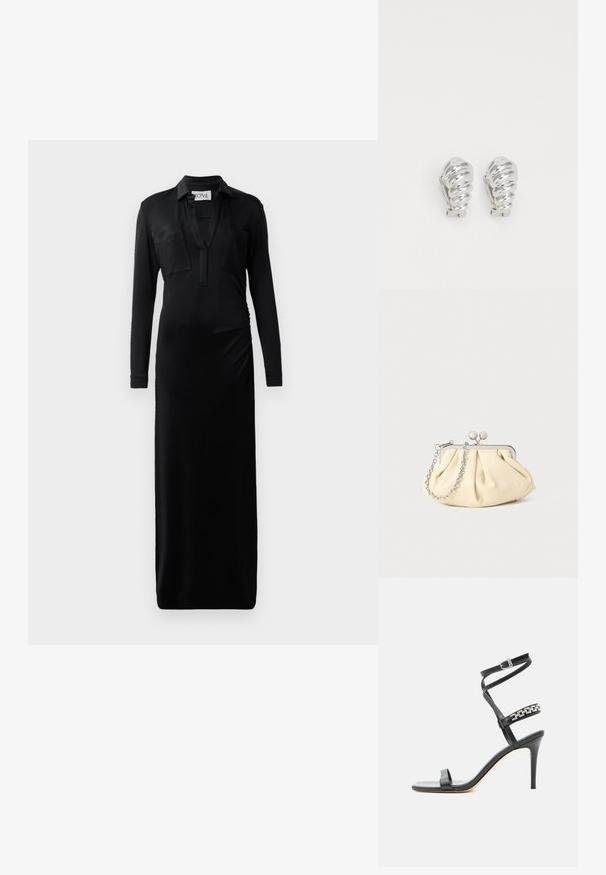 Schwarzes Maxikleid mit langen Ärmeln aus glattem Stoff, das einen Kragen, zwei Brusttaschen und ein gerafftes Seitendetail für zusätzliche Form bietet.; Schwarze Sandalette mit hohem Absatz, schlankem Knöchelriemen, Mittelriemen verziert mit silbernen Kettengliedern und offenem Zehendesign.; Faltige beigefarbene Ledertasche mit einem silbernen Metallrahmen, ausgestattet mit zwei runden dekorativen Verschlüssen und einem silbernen Kettenriemen.; Silberne Clip-On-Ohringe mit spiralförmigem Design, das eine glatte metallische Textur und abgerundete Formen aufweist. Keine sichtbaren Verzierungen oder Muster.
