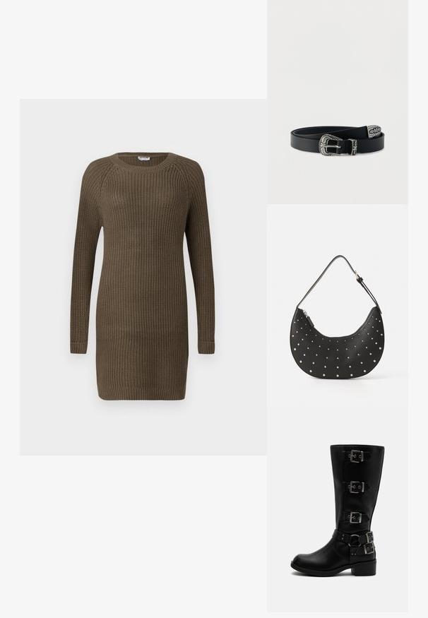 Robe en tricot de couleur vert olive foncé, avec des manches longues, un col rond, un tissu texturé et des poignets et un ourlet côtelés.; Botte en cuir noire mi-mollet avec quatre boucles métalliques réglables et un petit talon bloc sur fond blanc.; Sac à main en cuir noir avec une forme arrondie, orné de clous en argent, doté d'une fermeture éclair et d'une seule sangle ajustable.; Ceinture en cuir noir avec boucle, passant et extrémité en argent ornés de gravures florales et décoratives, enroulée sur un fond blanc.