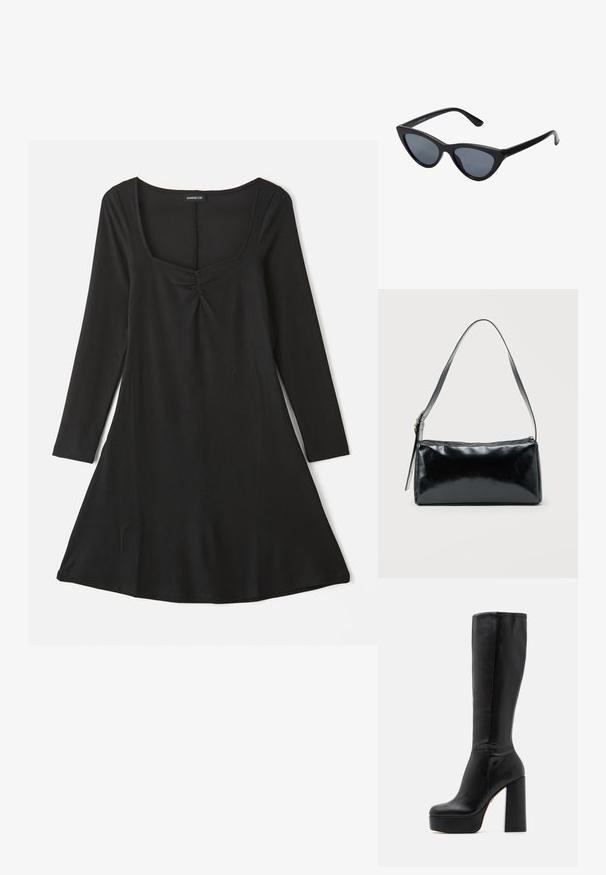 Robe noire à manches longues avec décolleté carré, détail plissé à l'avant, et silhouette évasée avec texture côtelée.; Bottes noires montantes en cuir lisse avec une finition texturée, dotées d'un talon bloc haut et d'un design à bout rond.; Lunettes de soleil noires en forme d'œil de chat avec des verres gris foncé, monture en plastique élégante, coins pointus et branches droites. Pas de métal visible ni d'accents.; Sac d'épaule rectangulaire noir avec une sangle réglable unique et une fermeture éclair supérieure sur un fond uni.