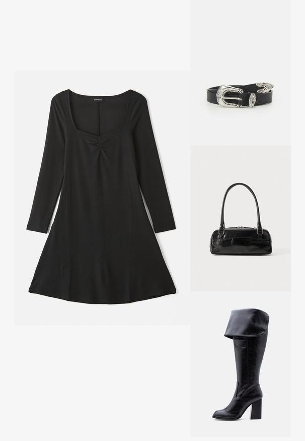 Robe noire à manches longues avec décolleté carré, détail plissé à l'avant, et silhouette évasée avec texture côtelée.; Botte haute en cuir noir avec talon, bord plié et bout arrondi, debout sur un fond blanc.; Sac à main en cuir noir de forme rectangulaire, doté d'une seule ansse structurée, de quincaillerie argentée et d'une fermeture éclair. Texture lisse.; Ceinture en cuir noir avec une grande boucle en métal argenté dotée de détails complexes et d'accents décoratifs à chaque extrémité.