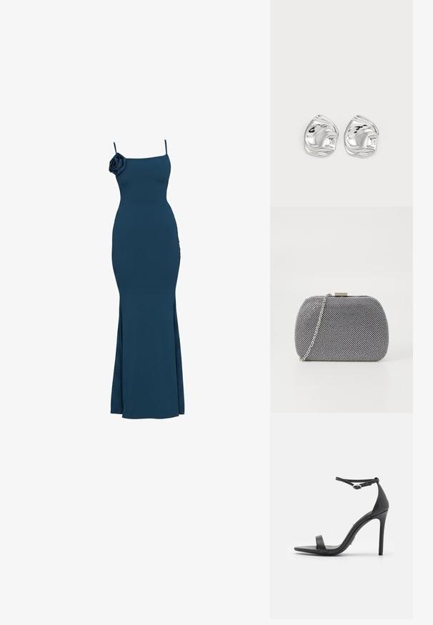 Robe bleu marine longue jusqu'au sol sans manches avec fines bretelles et détail d'une fleur en tissu sur l'épaule gauche, silhouette ajustée.; Sandales noires à talons hauts avec un orteil ouvert, des fines lanières et une boucle à la cheville. Texture en cuir lisse avec un design de forme pointue.; Pochette texturée noir et blanc de forme arrondie, avec une chaîne en métal argenté et un fermoir en métal en haut.; Boucles d'oreilles en forme abstraite argentées avec une finition poli, présentant des courbes lisses et des contours subtils. Pas de motifs ou d'accents visibles.