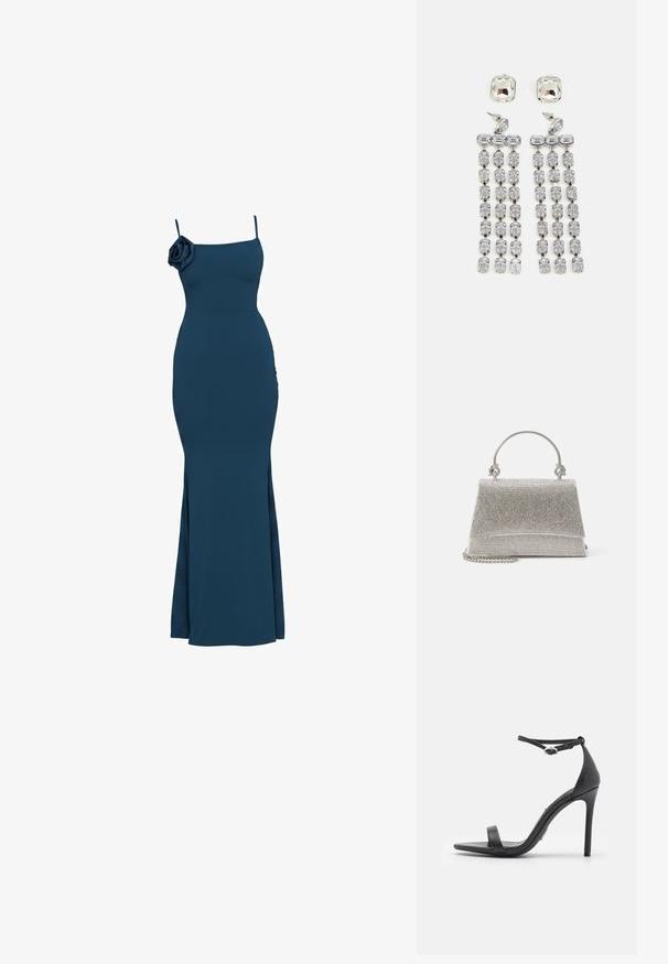 Robe bleu marine longue jusqu'au sol sans manches avec fines bretelles et détail d'une fleur en tissu sur l'épaule gauche, silhouette ajustée.; Sandales noires à talons hauts avec un orteil ouvert, des fines lanières et une boucle à la cheville. Texture en cuir lisse avec un design de forme pointue.; ALDO FELISIA - Sac à main - silver-coloured; Boucles d'oreilles en cristal avec des accessoires en ton argent, comportant un clou carré et des rangées en cascade de cristaux rectangulaires et octogonaux.