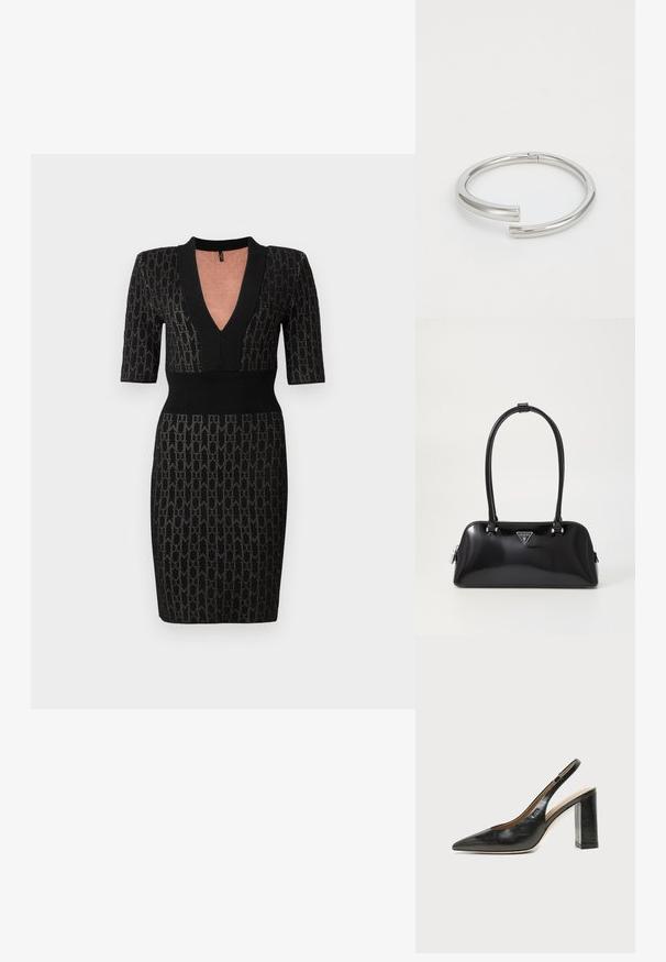 Vestido de punto negro con un escote en V profundo, mangas cortas y un cuerpo ajustado. Presenta un patrón texturizado y acentos acanalados en el escote y la cintura.; Zapato slingback de piel negra con puntera puntiaguda, tacón alto y ancho, y forro interior beige sobre un fondo claro y liso.; Bolso de mano negro brillante con una silueta curva, dos asas y una placa de logo en la parte frontal. Cierre de cremallera y acentos de hardware brillante.; Calvin Klein SPIRAL - Pulsera - silver-coloured