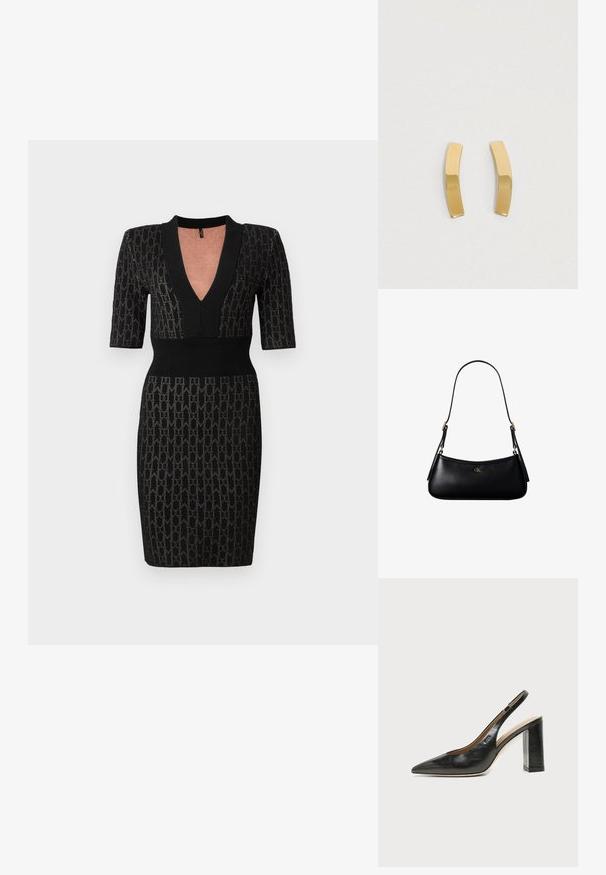 Schwarzes Strickkleid mit tiefem V-Ausschnitt, kurzen Ärmeln und tailliertem Oberteil. Verfügt über ein strukturiertes Muster und gerippte Akzente am Ausschnitt und der Taille.; Schwarzer Leder-Slingback-Schuh mit spitzer Kappe, hohem Blockabsatz und beigegefüttertem Innenraum vor hellem, einfarbigem Hintergrund.; Schwarze kleine Lederschultertasche mit dünnem Riemen und kleinem goldenem CK-Logo auf der Vorderseite in der Mitte.; Ohrringe aus goldfarbenem Metall mit einem geschwungenen, elongated Design. Die Oberfläche ist glatt und poliert und zeigt einen minimalistischen Stil.