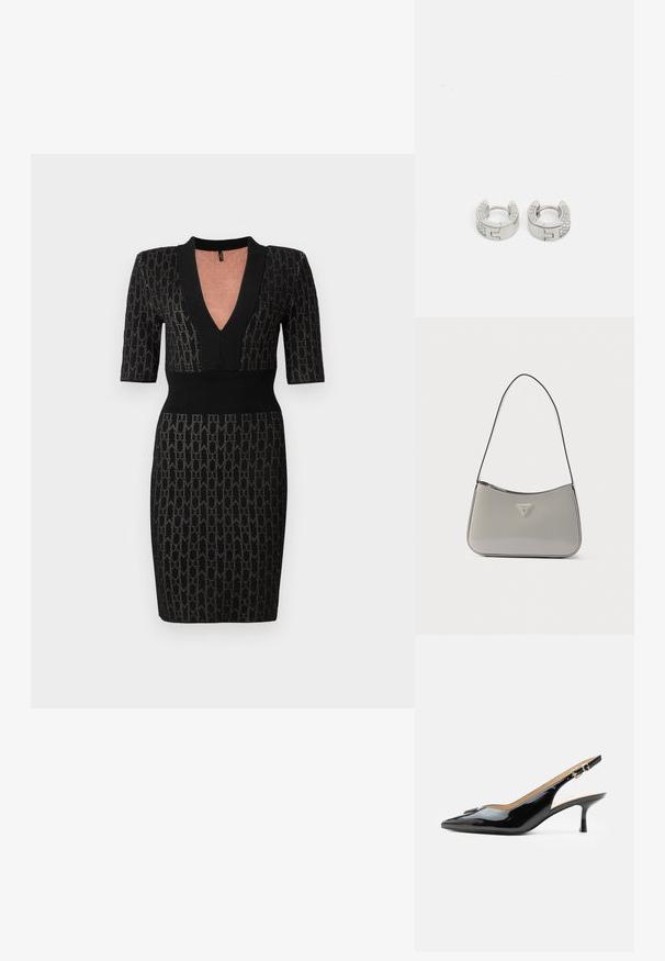 Zwarte gebreide jurk met een diepe V-hals, korte mouwen en een getailleerde bodice. Bevat een textuurpatroon en ribbelaccenten bij de halslijn en taille.; Zwarte lakleren slingback hak met spitse neus, kleine kittenhak en zilveren gespsluiting op een effen witte achtergrond.; Grijze schoudertas van lakleer met een gebogen ontwerp, zwarte bies en een zilverkleurige logoplaat aan de voorkant. Verstelbare riem voor veelzijdig gebruik.; Guess STYLISH - Oorbellen - silver-coloured
