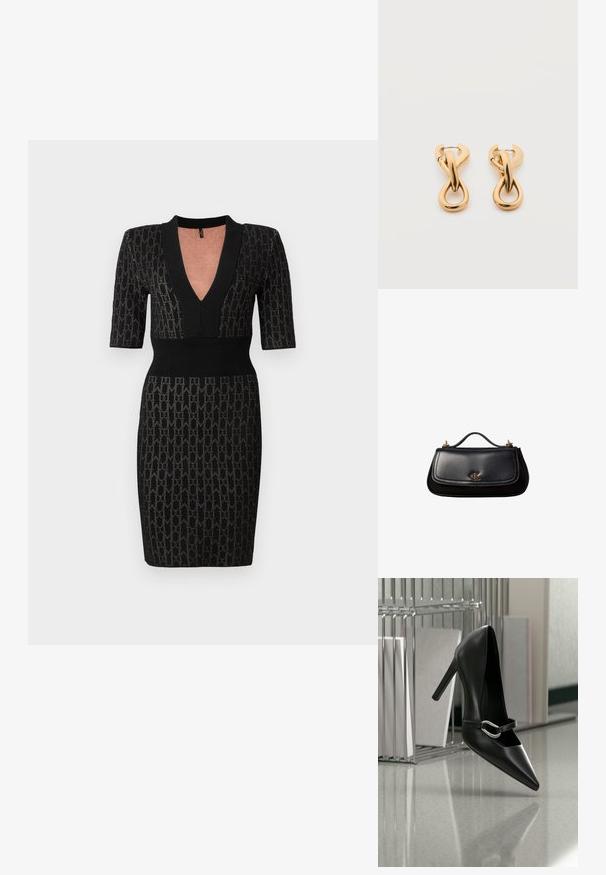 Schwarzes Strickkleid mit tiefem V-Ausschnitt, kurzen Ärmeln und tailliertem Oberteil. Verfügt über ein strukturiertes Muster und gerippte Akzente am Ausschnitt und der Taille.; Schwarzer, spitzer High-Heel-Schuh mit silberner Schnalle, auf einer reflektierenden Oberfläche nahe einem Metall-Datei-Organizer mit Papieren platziert.; Schwarze Lederhandtasche mit kleinem Griff, goldfarbenem "cK" Logo auf der Frontklappe und goldfarbenen Hardware-Akzenten.; Paar glänzende goldfarbene Creolen mit verschlungenem, verdrehtem Design auf schlichten weißem Hintergrund.