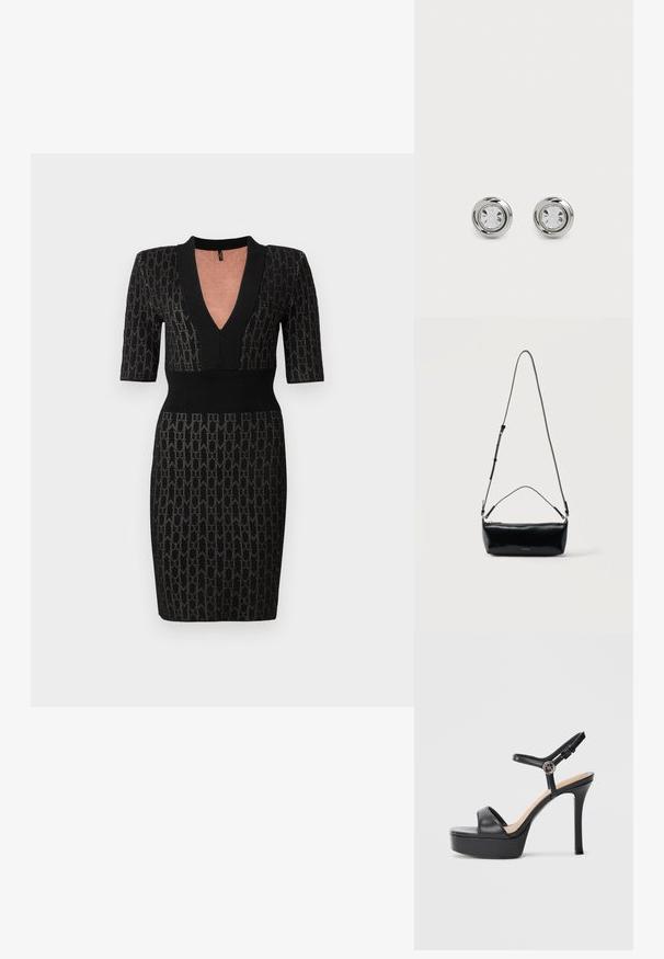 Schwarzes Strickkleid mit tiefem V-Ausschnitt, kurzen Ärmeln und tailliertem Oberteil. Verfügt über ein strukturiertes Muster und gerippte Akzente am Ausschnitt und der Taille.; Schwarze Plateausandalen mit hohem Stiletto-Absatz, ausgestattet mit einem glatten Lederobermaterial, einem Peeptoe-Design und einem verstellbaren Knöchelriemen mit Metallbeschlägen.; Schwarze rechteckige Leder-Umhängetasche mit verstellbarem Schulterriemen, Reißverschluss oben und kleinem goldfarbenem Calvin Klein-Logo vorne.; Silberne Metalldorn-Ohrstecker mit runden klaren Kristallen, die eine glatte, polierte Oberfläche und ein kreisförmiges Design mit dezenten, erhöhten Kanten aufweisen.