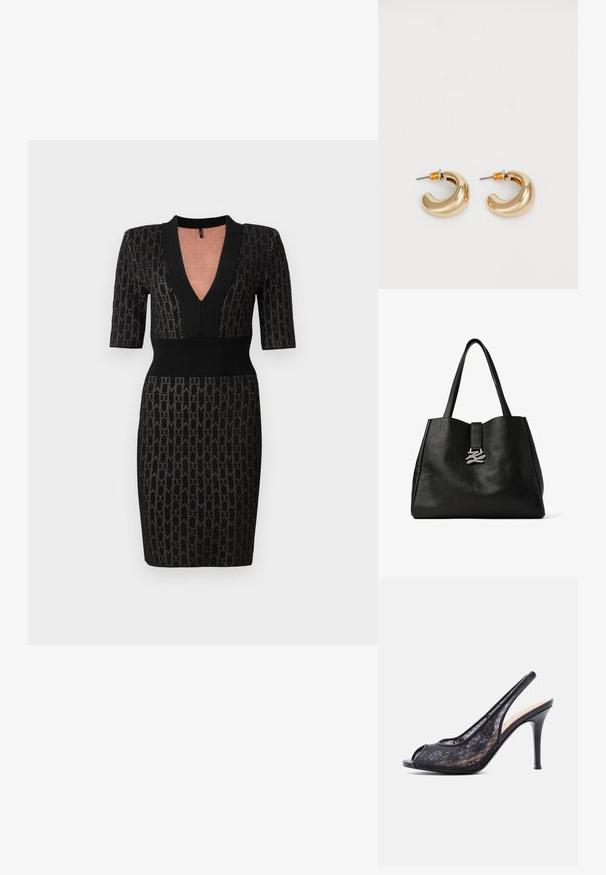 Schwarzes Strickkleid mit tiefem V-Ausschnitt, kurzen Ärmeln und tailliertem Oberteil. Verfügt über ein strukturiertes Muster und gerippte Akzente am Ausschnitt und der Taille.; Schwarzer Slingback-Pumps mit hohem Absatz, offenem Zehenbereich und Obermaterial aus Mesh mit dezenten Blumenmustern.; Schwarze Ledertragetasche mit glatter Textur, ausgestattet mit einem silbernen Logoakzent und einem strukturierten Design. Zwei lange Tragegriffe.; Zwei glänzende goldene Creolen in einem geschwungenen Design mit orangefarbenen Akzenten nahe dem Stecker, vor einem schlichten weißen Hintergrund.