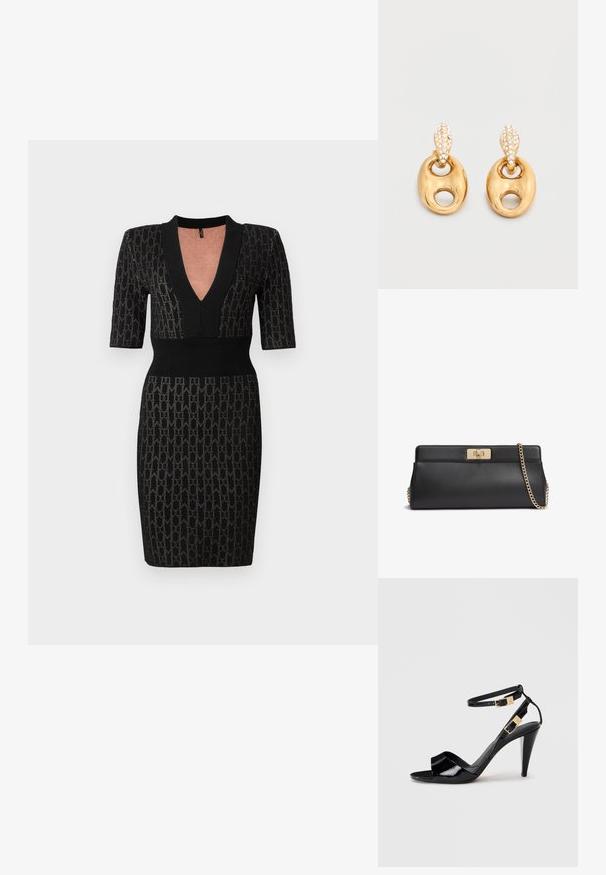 Vestido de punto negro con un escote en V profundo, mangas cortas y un cuerpo ajustado. Presenta un patrón texturizado y acentos acanalados en el escote y la cintura.; Sандalia de tacón alto de charol negro con dobles correas en el tobillo y hebillas doradas, punta abierta y tacón delgado y afilado sobre un fondo neutro.; Bolso de mano de cuero negro con cierre de giro metálico en tono dorado y una correa de hombro a juego con cadena dorada.; Pendientes colgantes ovalados en tono dorado con un pequeño recorte en forma de lazo y tachuelas en forma de gota de lágrima adornadas con cristales sobre un fondo neutro.