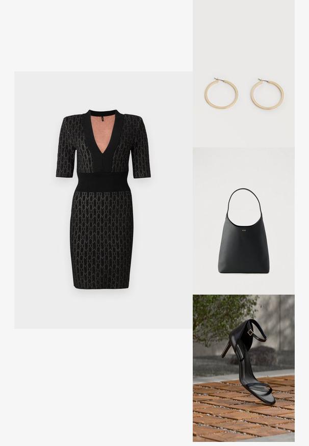 Schwarzes Strickkleid mit tiefem V-Ausschnitt, kurzen Ärmeln und tailliertem Oberteil. Verfügt über ein strukturiertes Muster und gerippte Akzente am Ausschnitt und der Taille.; Schwarze Sandalette mit hohem Absatz und Knöchelriemen schwebt über einem Holzboden im Freien vor verschwommenem Grün und Steinhintergrund.; Schwarze Lederhandtasche mit einem einzelnen, geschwungenen Griff, glatter Textur und einem dezenten Logo vorne. Minimalistisches Design und ein geräumiges Inneres.; Paar mittelgroße, glatte Creolen in Goldton mit Scharnier-Verschlüssen auf einem einfarbigen hellen Hintergrund.