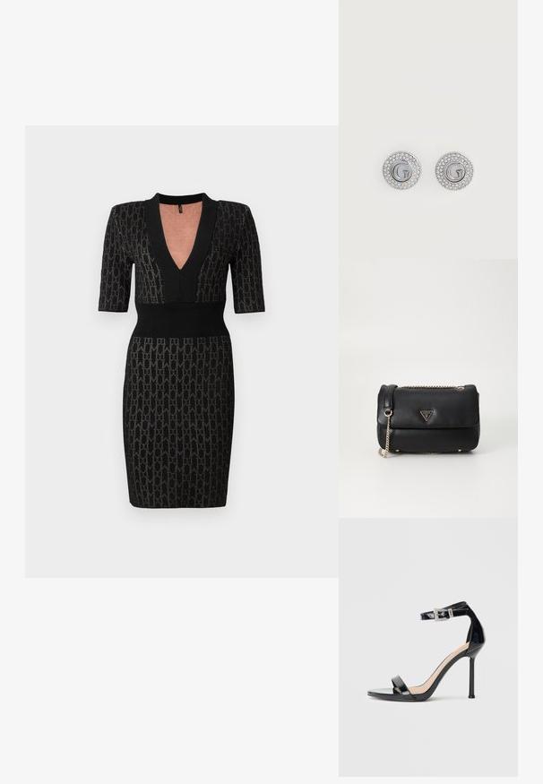 Schwarzes Strickkleid mit tiefem V-Ausschnitt, kurzen Ärmeln und tailliertem Oberteil. Verfügt über ein strukturiertes Muster und gerippte Akzente am Ausschnitt und der Taille.; Schwarzer Riemchensandale aus Lackleder mit hohem Absatz und Knöchelriemen. Verfügt über ein minimalistisches Design, offene Zehenpartie und eine Schnalle mit Strassakzenten.; Schwarze Leder-Schultertasche mit goldener Kettenriemen und dreieckigem Guess-Logo auf dem vorderen Deckel, vor einem schlichten weißen Hintergrund.; Runde silberne Steckerohrringe mit dem Buchstaben G in der Mitte, umgeben von zwei Reihen kleiner klarer Kristalle.