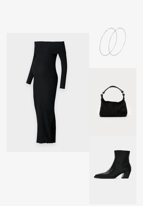ONLY MATERNITY OLMESMERALDA DRESS - Jerseykleid - black; Schwarze Leder-Stiefelette mit spitzem Zeh, schlanker Silhouette und klobigem quadratischem Absatz. Glatte Textur mit minimalen Nähdetails.; Schwarze Kunstfell-Handtasche mit weicher Textur, runder Form und einem stabilen schwarzen Leder-Schulterriemen. Sichtbare silberne Hardware-Akzente.; Silberne Creolen mit minimalistischem Design. Rundform, glatte Oberfläche und dünnes Profil. Leichtgewichtig mit hochglänzender Oberfläche.