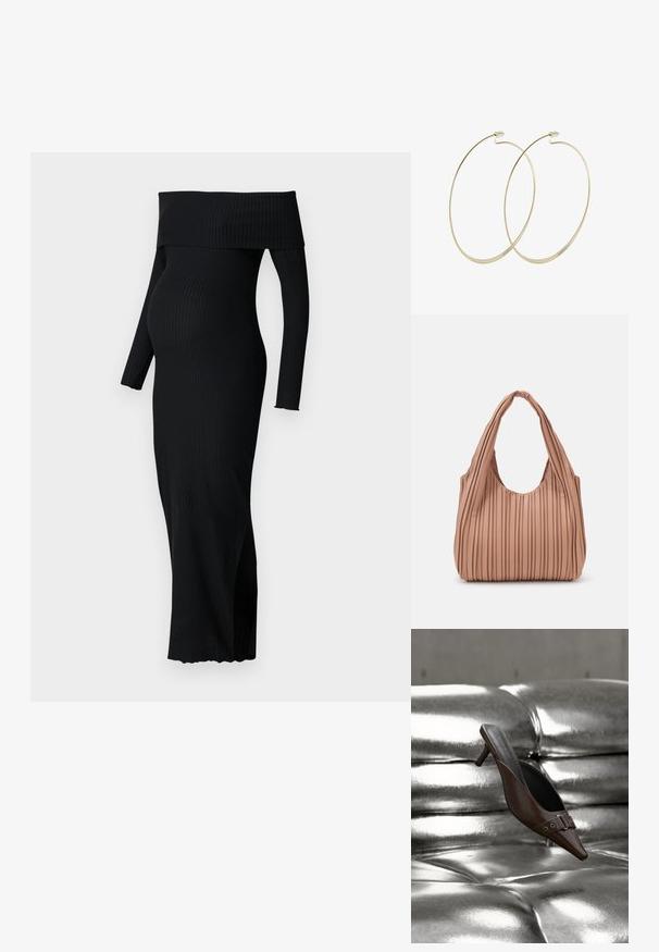 ONLY MATERNITY OLMESMERALDA DRESS - Jerseykleid - black; Brauner spitzer Mule mit Absatz und Schnallendetail, der über einer glänzenden silbernen, gesteppte Lederoberfläche schwebt.; Hellrose gefaltete Handtasche mit runder Öffnung und zwei verlängerten Griffen, aus weichem strukturiertem Material, das ihr flexibles Design unterstreicht.; Pilgrim Ohrringe - gold-coloured