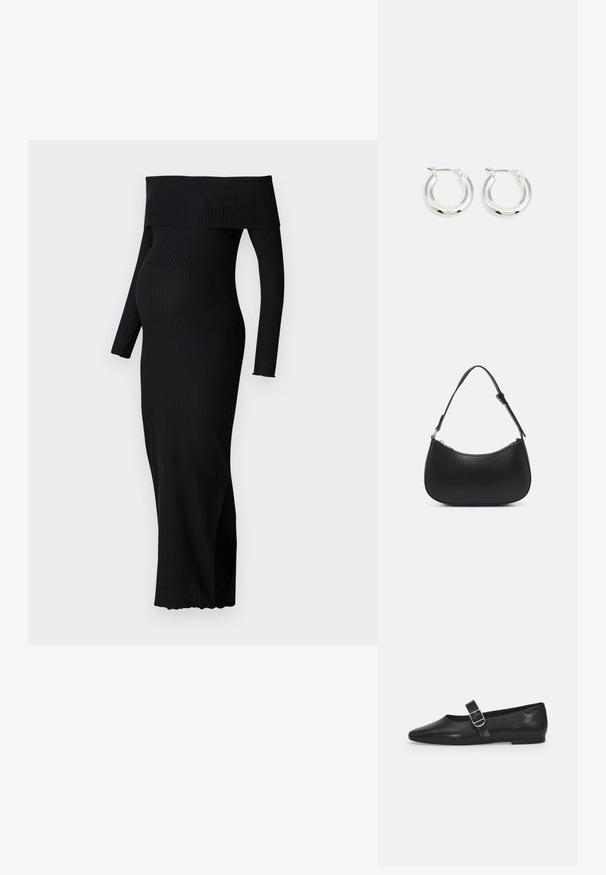 ONLY MATERNITY OLMESMERALDA DRESS - Džersejové šaty - black; Čierna kožená plochá obuv s okrúhlym nosom, jedným nastaviteľným pásikom so sponou a hladkým, lesklým povrchom. Minimalistický dizajn s nízkym podpätkom.; Pieces PCALUANA SHOULDER BAG - Kabelka - black; Strieborné kruhové náušnice s lešteným povrchom, ktoré majú kruhový tvar a závesné zapínanie. Hladký povrch s minimálnymi detailmi.
