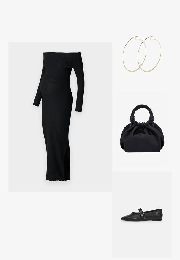 ONLY MATERNITY OLMESMERALDA DRESS - Jerseykleid - black; Schwarzer Lederflatschuh mit runder Zehenform, einem verstellbaren Schnallenriemen und einer glatten, glänzenden Oberfläche. Minimalistisches Design mit einem niedrigen Absatz.; Schwarze weiche Stoffhandtasche mit gerafftem oberen Rand und runden, gepolsterten Griffen, die auf jeder Seite mit Knoten gebunden sind.; Pilgrim Ohrringe - gold-coloured