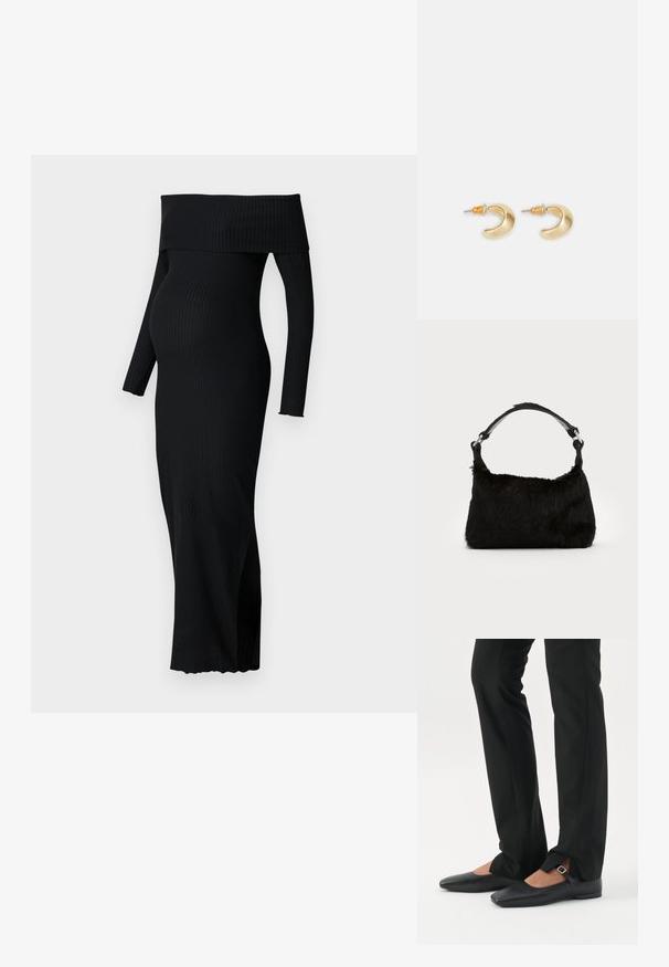 ONLY MATERNITY OLMESMERALDA DRESS - Džersejové šaty - black; Nohy v čiernych priliehavých nohaviciach s prednými rozparkami na leme, v kombinácii s čiernymi plochými topánkami Mary Jane s malým prackovým remienkom.; Čierna kabelka z umelého kožušiny s jemnou textúrou, zaobleným tvarom a pevným čiernym koženým ramenným popruhom. Viditeľné akcenty zo strieborného kovu.; Zlaté náušnice v tvare pologuľe s hladkým povrchom, s oranžovými akcentmi pri úchyte a striebornými komponentmi.