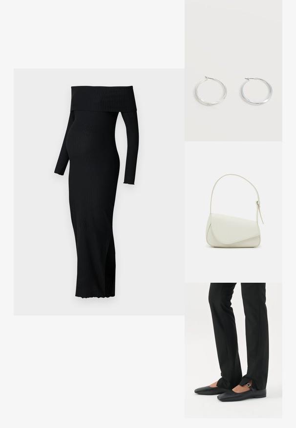 ONLY MATERNITY OLMESMERALDA DRESS - Jerseykleid - black; Beine in schwarzen schmalen Hosen mit vorderen Schlitzen am Saum, kombiniert mit schwarzen flachen Mary-Jane-Schuhen mit kleinem Schnallenriemen.; Weiße Kunstleder-Handtasche mit einer strukturierten dreieckigen Form, einem verstellbaren Einzelgurt und einem Klappenverschluss mit geschwungenen Akzenten.; Silberne Metallcreolen mit glatter, leicht gebogener Oberfläche und Klappverschluss vor schlicht weißem Hintergrund.
