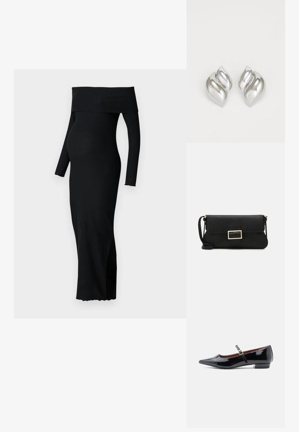 ONLY MATERNITY OLMESMERALDA DRESS - Jerseykleid - black; Schwarze Lackleder-Mary-Jane-Ballerinas mit spitz zulaufender Zehenpartie und kleinem Absatz, ausgestattet mit einem verstellbaren Riemen mit goldfarbener Schnalle.; Schwarze Leder-Clutch mit Klappe und goldfarbenem Metallschnallen-Detail. Enthält einen schwarzen Riemen und ein schlankes, minimalistisches Design.; Silberne Ohrringe mit einer organischen, abstrakten Form. Glatte, glänzende Oberfläche mit einem konischen Design. Mit dezenten Kurven und einem zentralen Linienelement.