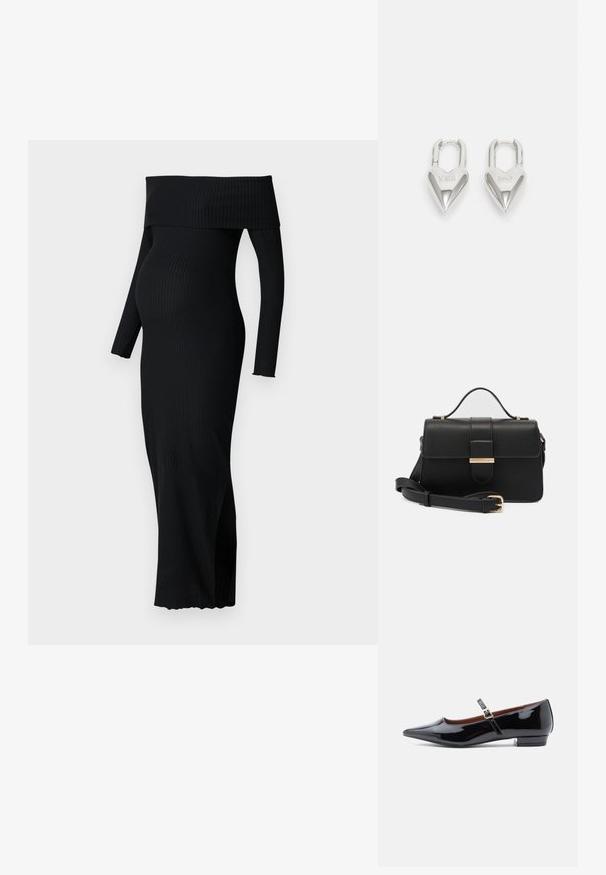 ONLY MATERNITY OLMESMERALDA DRESS - Džersejové šaty - black; Čierne lakované ležérne balerínky Mary Jane s špicatou špičkou a malým opätkom, vybavené nastaviteľným remienkom so zlatou sponou.; Čierna kožená kabelka so zlatými kovovými akcentmi, obdĺžnikový tvar, zapínanie na klopu, nastaviteľný ramenný popruh, hladká textúra, minimalistický dizajn.; Strieborné zámky v tvare srdca so vygravírovanými nápismi "ÁNO" a "NIE", leštený povrch, symetrický dizajn a robustný kovový uzáver.