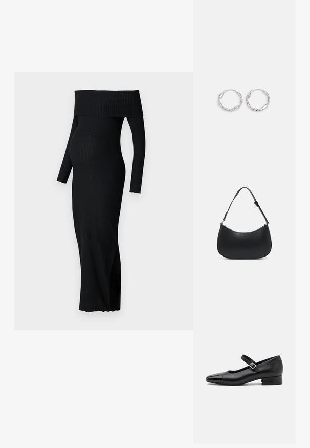 ONLY MATERNITY OLMESMERALDA DRESS - Trikotaažkleit - black; Mustat nahast Mary Jane kingad, millel on patendist varvas, reguleeritav pahkluu rihm ja madal plokktald. Sile tekstuur ja stiilne disain.; Pieces PCALUANA SHOULDER BAG - Käekott - black; Hõbedased rõngaskõrvarõngad, millel on lainejoonega ebaühtlane tekstuur. Omavad õhukest, ümmargust kuju ja peegeldavat pinda.