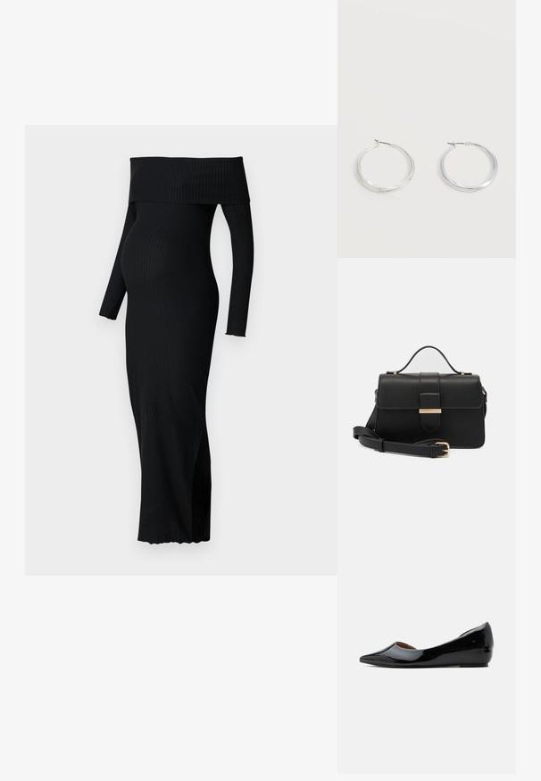 ONLY MATERNITY OLMESMERALDA DRESS - Džersejové šaty - black; Čierna lesklá kožená balerína s ostrou špičkou a nízkym klinovým podpätkom, zobrazená zboku na jednoliatom pozadí.; Čierna kožená kabelka so zlatými kovovými akcentmi, obdĺžnikový tvar, zapínanie na klopu, nastaviteľný ramenný popruh, hladká textúra, minimalistický dizajn.; Strieborné kovové kruhové náušnice s hladkým, mierne zakriveným povrchom a zapínaním na poistku na jednoduchom bielom pozadí.