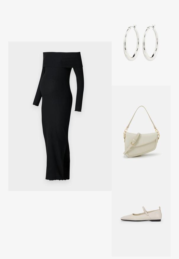 ONLY MATERNITY OLMESMERALDA DRESS - Džersejové šaty - black; Biele kožené baleríny s špicatou špičkou, remienkom okolo členka a nízkym čiernym opätkom. Hladká textúra s minimálnymi ozdobami.; Malá krémová kabelka s textúrovaným povrchom, dlhým nastaviteľným popruhom, reťazovým detailom a klopovým uzáverom. Zlaté kovové prvky.; Strieborné kruhové náušnice s hladkým, lesklým povrchom. Obľúbený tvar, vybavené bezpečným zapínaním. Jednoduchý a elegantný dizajn.