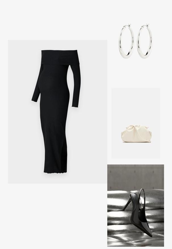 ONLY MATERNITY OLMESMERALDA DRESS - Trikotaažkleit - black; Läikiv must kõrge kontsaga slingback-king, mis on tasakaalus läikiva hõbedase metallilise pehme polsterdatud pinnaga.; Pehme kergelt kreemikas nahast klapi-tüüpi kott kokkutõmmatud volditud disainiga ning õhuke õlarihm ees rahuldaval taustal.; Hõbedased rõngaskõrvarõngad siledast ja läikivast viimistlusest. Ringikujuline, sisaldab kindlat kinnitust. Lihtne ja elegantne disain.