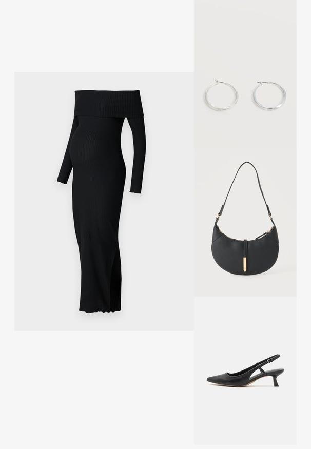 ONLY MATERNITY OLMESMERALDA DRESS - Džersejové šaty - black; Čierna kožená slingback topánka s ostrou špičkou, nízkym blokovým podpätkom, detailom s výrezmi po stranách a nastaviteľným remienkom na členku. Hladká textúra po celej topánke.; Čierna kabelka v tvare polmesiaca s jedným remienkom, zlatým zipsom a zlatou obdĺžnikovou dekoratívnou záložkou vpredu.; Strieborné kovové kruhové náušnice s hladkým, mierne zakriveným povrchom a zapínaním na poistku na jednoduchom bielom pozadí.