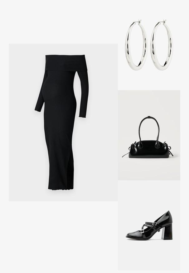 ONLY MATERNITY OLMESMERALDA DRESS - Džersejové šaty - black; Lesklá čierna lodička v štýle Mary Jane s tromi prackami a hrubým blokovým podpätkom, zobrazená v bočnom profile na bielom pozadí.; Malá čierna lesklá kabelka s dvoma dlhými rúčkami a bočnými šnúrkovými detailmi na jednoduchom svetlom pozadí.; Strieborné kruhové náušnice s hladkým, reflexným povrchom. Guľatý, veľký tvar s bezpečným zapínaním na vrchu. Lesklý povrch ukazuje žiaru.