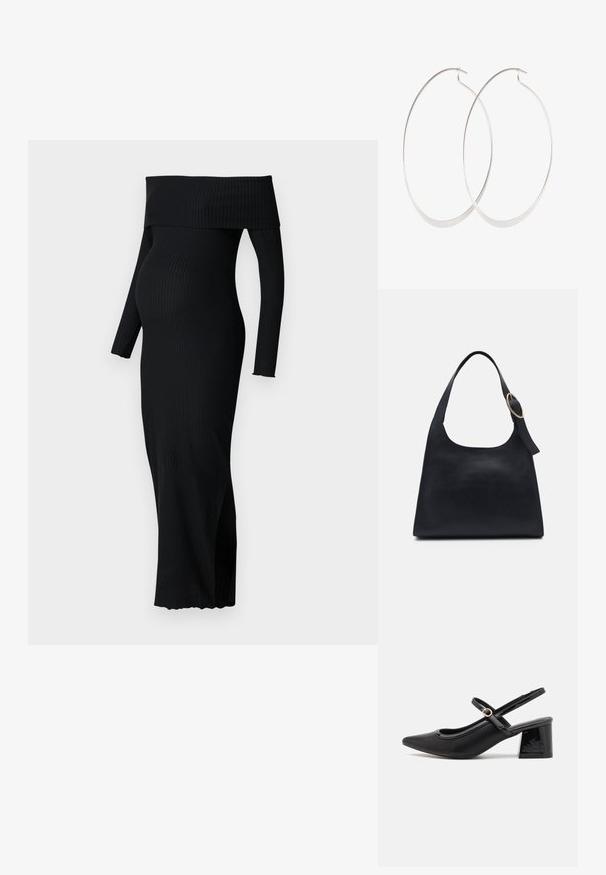 ONLY MATERNITY OLMESMERALDA DRESS - Džersejové šaty - black; Čierne lakované kožené lodičky so slingback dizajnom, špicatou špičkou, zaobleným výrezom a blokovým podpätkom. Obsahuje akcent zlatého tónu s prackou.; Čierna kožená taška cez rameno s hladkou textúrou, okrúhlym telom a jedným ramenným popruhom zdobeným okrúhlou zlatou kovovou dekoráciou.; Strieborné kruhové náušnice s tenkým, hladkým dizajnom; predĺžený oválny tvar; lesklý povrch; majú bezpečné uzatváranie na háčik.