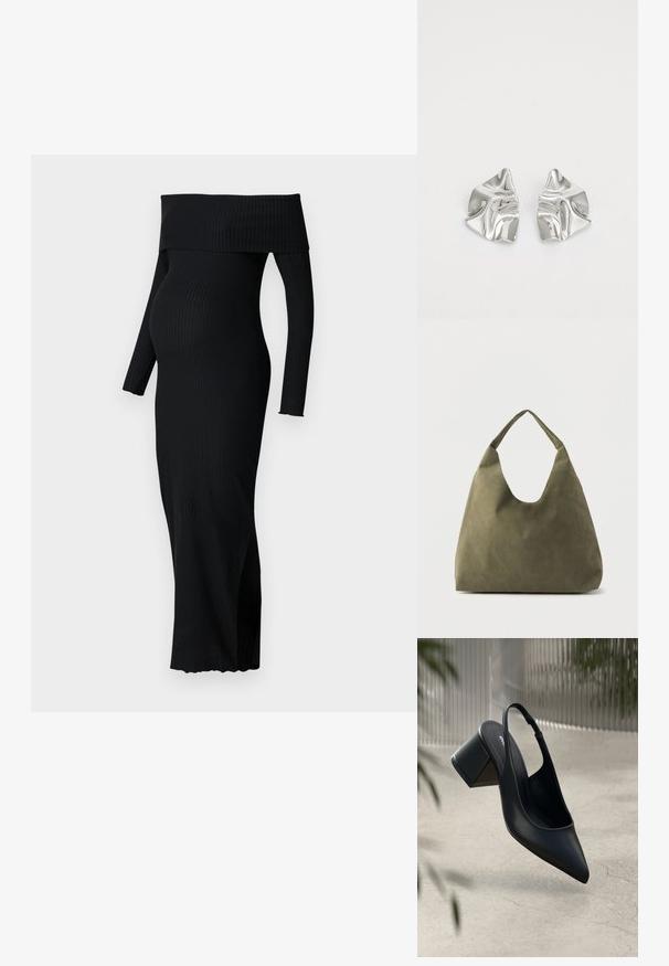 ONLY MATERNITY OLMESMERALDA DRESS - Trikotaažkleit - black; Must musta slingback-kreen, millel on terav nina ja plokknina. Sile tekstuur, minimaalne disain ja reguleeritav pahkluu rihm.; Õlivärviroheline pehme nahast õlakott laiutava ühe rihma ja lõdva, vormitu kuju tõttu helel taustal.; Hõbedased metallkõrvarõngad lainelise, skulpturaalse disainiga, millel on poleeritud viimistlus ja ebaregulaarsed kujundid, rõhutades kaasaegset esteetikat.