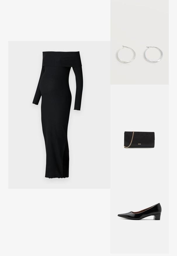 ONLY MATERNITY OLMESMERALDA DRESS - Jerseykleid - black; Schwarzer Lackleder-Pumps mit niedrigem Absatz, spitz zulaufender Schuhspitze und geschwungenem Blockabsatz, im Profil auf hellem einfarbigem Hintergrund dargestellt.; Schwarze Clutch aus Wildleder mit strukturierter Oberfläche, ausgestattet mit einem goldenen Kettenriemen und einem eleganten, kantigen Design.; Silberne Metallcreolen mit glatter, leicht gebogener Oberfläche und Klappverschluss vor schlicht weißem Hintergrund.